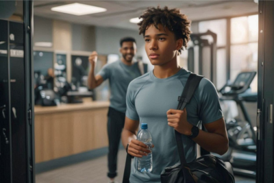 Chico con una bolsa de deporte colgada al hombro y un botellin de agua, preparado para su primer dia de gimnasio